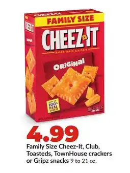 Hy-Vee Family Size Cheez-It, Club, Toasteds, TownHouse crackers or Gripz snacks offer