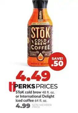 Hy-Vee SToK cold brew 48 fl. oz. or International Delight iced coffee 64 fl. oz offer