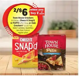Meijer Town House Crackers 9-13.8 oz., Cheez-It Snap'd or Puff'd 5.75-7.5 oz. or Club Crackers* 11-13.7 oz offer