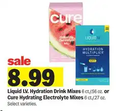 Meijer Liquid I.V. Hydration Drink Mixes 6 ct./.56 oz. or Cure Hydrating Electrolyte Mixes 6 ct./.27 oz offer