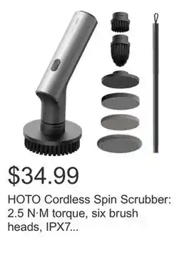 Costco HOTO Cordless Spin Scrubber: 2.5 N·M torque, six brush heads, IPX7 rated offer