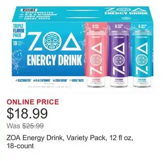 Costco ZOA Energy Drink, Variety Pack, 12 fl oz, 18-count offer