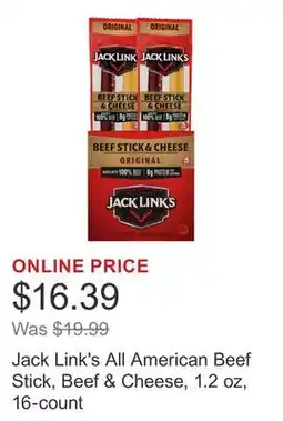 Costco Jack Link's All American Beef Stick, Beef & Cheese, 1.2 oz, 16-count offer