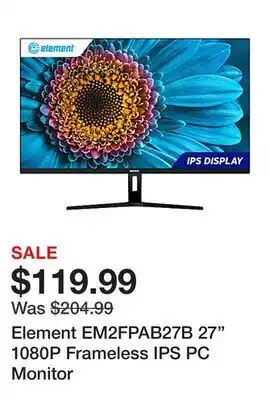 Office Depot Element EM2FPAB27B 27 1080P Frameless IPS PC Monitor offer