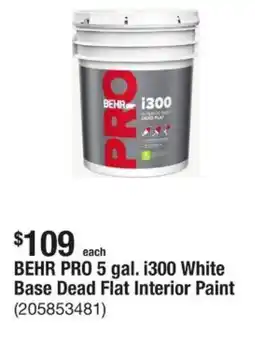 The Home Depot BEHR PRO 5 gal. i300 White Base Dead Flat Interior Paint offer