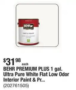 The Home Depot BEHR PREMIUM PLUS 1 gal. Ultra Pure White Flat Low Odor Interior Paint & Pr... offer