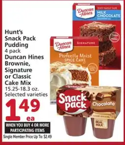 Albertsons Hunt's Snack Pack Pudding 4 pack, Duncan Hines Brownie, Signature or Classic Cake Mix 15.25-18.3 oz offer