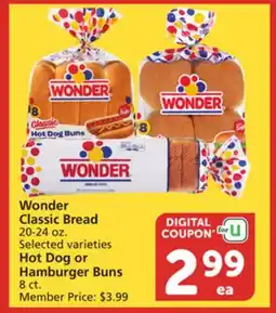 Albertsons Wonder Classic Bread 20-24 oz., Hot Dog or Hamburger Buns 8 ct offer