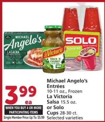 Albertsons Michael Angelo's Entrées 10-11 oz., La Victoria Salsa 15.5 oz. or Solo Cups 28-30 ct offer