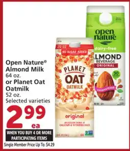 Albertsons Open Nature Almond Milk 64 oz. or Planet Oat Oatmilk 52 oz offer