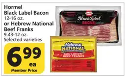Albertsons Hormel Black Label Bacon 12-16 oz. or Hebrew National Beef Franks 9.43-12 oz offer