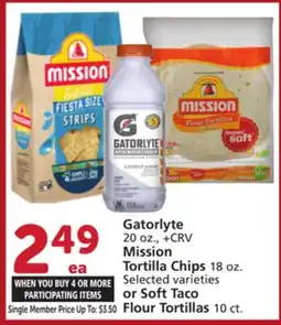 Albertsons Gatorlyte 20 oz., Mission Tortilla Chips 18 oz. or Soft Taco Flour Tortillas 10 ct offer