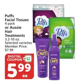 Albertsons Puffs Facial Tissues 4 pack or Aussie Hair Treatments 3.2-10 oz offer