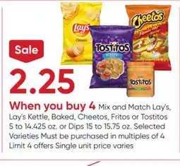 Stater Bros Lay's, Lay's Kettle, Baked, Cheetos, Fritos or Tostitos 5 to 14.425 oz. or Dips 15 to 15.75 oz offer