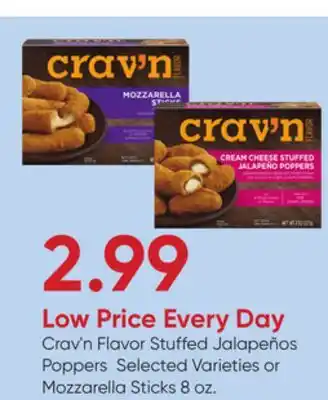Stater Bros Crav'n Flavor Stuffed Jalapeños Poppers Selected Varieties or Mozzarella Sticks 8 oz offer