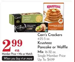 Pavilions Carr's Crackers 4.25-5 oz. Krusteaz Pancake or Waffle Mix 16-32 oz offer
