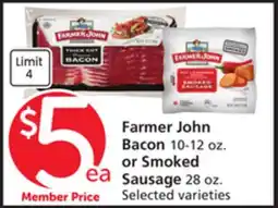 Vons Farmer John Bacon 10-12 oz. or Smoked Sausage 28 oz offer