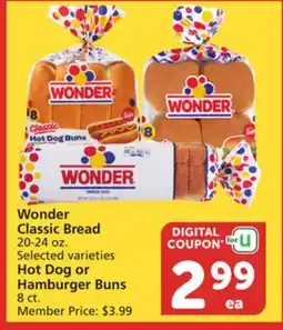 Vons Wonder Classic Bread 20-24 oz. Selected varieties Hot Dog or Hamburger Buns 8 ct offer