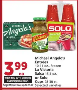 Vons Michael Angelo's Entrées 10-11 oz., Frozen La Victoria Salsa 15.5 oz. or Solo Cups 28-30 ct offer