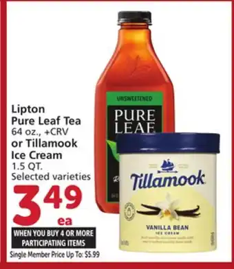 Vons Lipton Pure Leaf Tea 64 oz., + CRV or Tillamook Ice Cream 1.5 QT offer