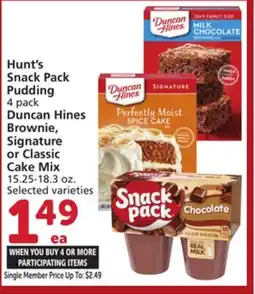 Vons Hunt's Snack Pack Pudding 4 pack Duncan Hines Brownie, Signature or Classic Cake Mix 15.25-18.3 oz offer