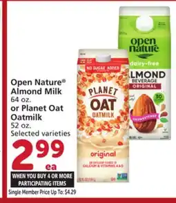 Vons Open Nature Almond Milk 64 oz. or Planet Oat Oatmilk 52 oz offer