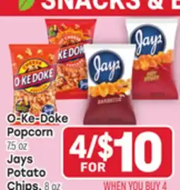 Tony’s Fresh Market O-Ke-Doke Popcorn 7.5 oz Jays Jays Potato Chips, 8 oz offer