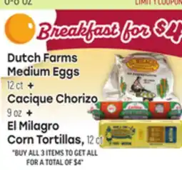 Tony’s Fresh Market Dutch Farms Medium Eggs 12 ct + Cacique Chorizo 9oz + El Milagro Corn Tortillas, 12 ct offer