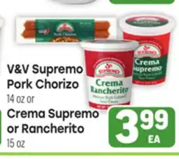 Tony’s Fresh Market V&V Supremo Pork Chorizo 14 oz or Crema Supremo or Rancherito 15 oz offer