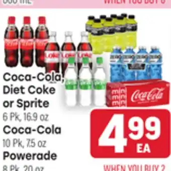 Tony’s Fresh Market Coca-Cola, Diet Coke or Sprite 6Pk, 16.9oz., Coca-Cola 10Pk, 7.5oz., Powerade 8Pk, 20oz offer