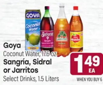 Tony’s Fresh Market Goya Coconut Water, 17.6 oz Sangría, Sidral or Jarritos Select Drinks, 1.5 Liters offer