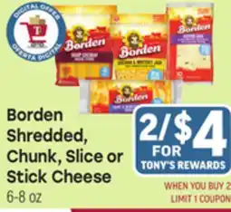 Tony’s Fresh Market Borden Shredded, Chunk, Slice or Stick Cheese offer