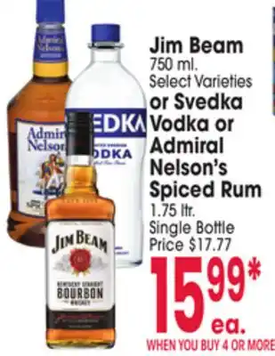 Jewel-Osco Jim Beam 750 ml. or Svedka Vodka or Admiral Nelson's Spiced Rum offer