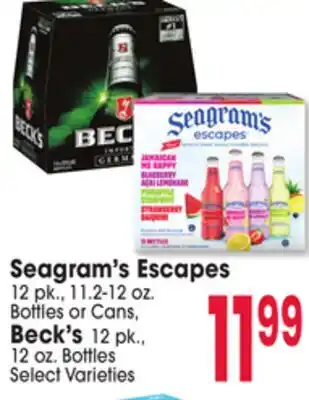 Jewel-Osco Seagram's Escapes 12 pk., 11.2-12 oz. Bottles or Cans, Beck's 12 pk., 12 oz. Bottles offer