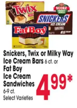 Jewel-Osco Snickers, Twix or Milky Way Ice Cream Bars 6 ct. or Fat Boy Ice Cream Sandwiches 6-9 ct offer