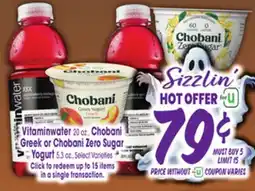Jewel-Osco Vitaminwater 20 oz., Chobani Greek or Chobani Zero Sugar Yogurt 5.3 oz offer