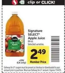 Safeway Signature Select Apple Juice offer
