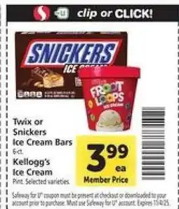 Safeway Twix or Snickers Ice Cream Bars / Kellogg's Ice Cream offer