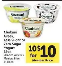 Safeway Chobani Greek, Less Sugar or Zero Sugar Yogurt offer