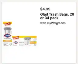 Walgreens Glad Trash Bags, 26 or 34 pack offer