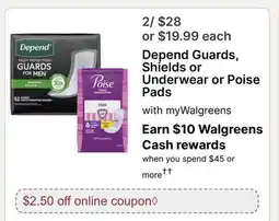Walgreens Depend Guards, Shields or Underwear or Poise Pads offer