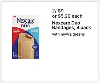 Walgreens Nexcare Duo Bandages, 8 pack offer