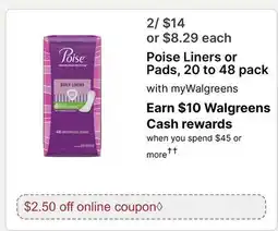 Walgreens Poise Liners or Pads, 20 to 48 pack offer