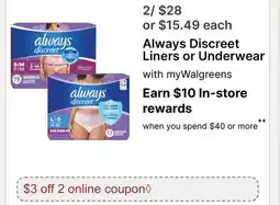 Walgreens Always Discreet Liners or Underwear offer