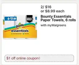 Walgreens Bounty Essentials Paper Towels, 6 rolls offer