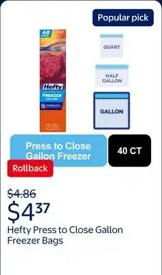 Walmart Hefty Press to Close gallon Freezer Bags offer