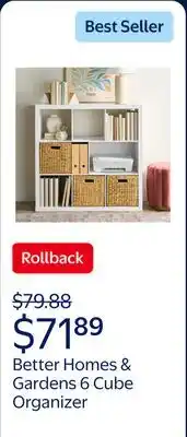 Walmart Better Homes & Gardens 6 Cube Organizer with Storage Cubbies, White Texture offer