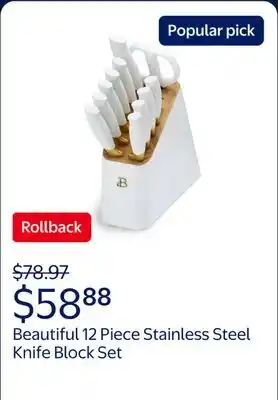 Walmart Beautiful 12 Piece Stainless Steel Knife Block Set, Soft-Grip Handles White Icing by Drew Barrymore offer