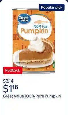 Walmart Great Value 100% Pure Pumpkin offer