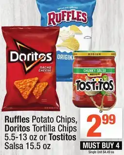Super King Markets Ruffles Potato Chips, Doritos Tortilla Chips 5.5-13 oz or Tostitos Salsa 15.5 oz offer